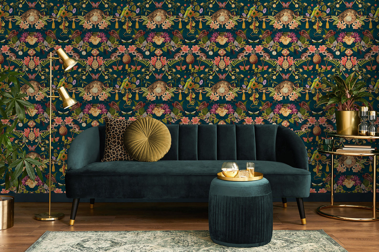 Bohème wallpaper in Dark Teal on a feature wall, showing the mirrored curiosity-cabinet pattern