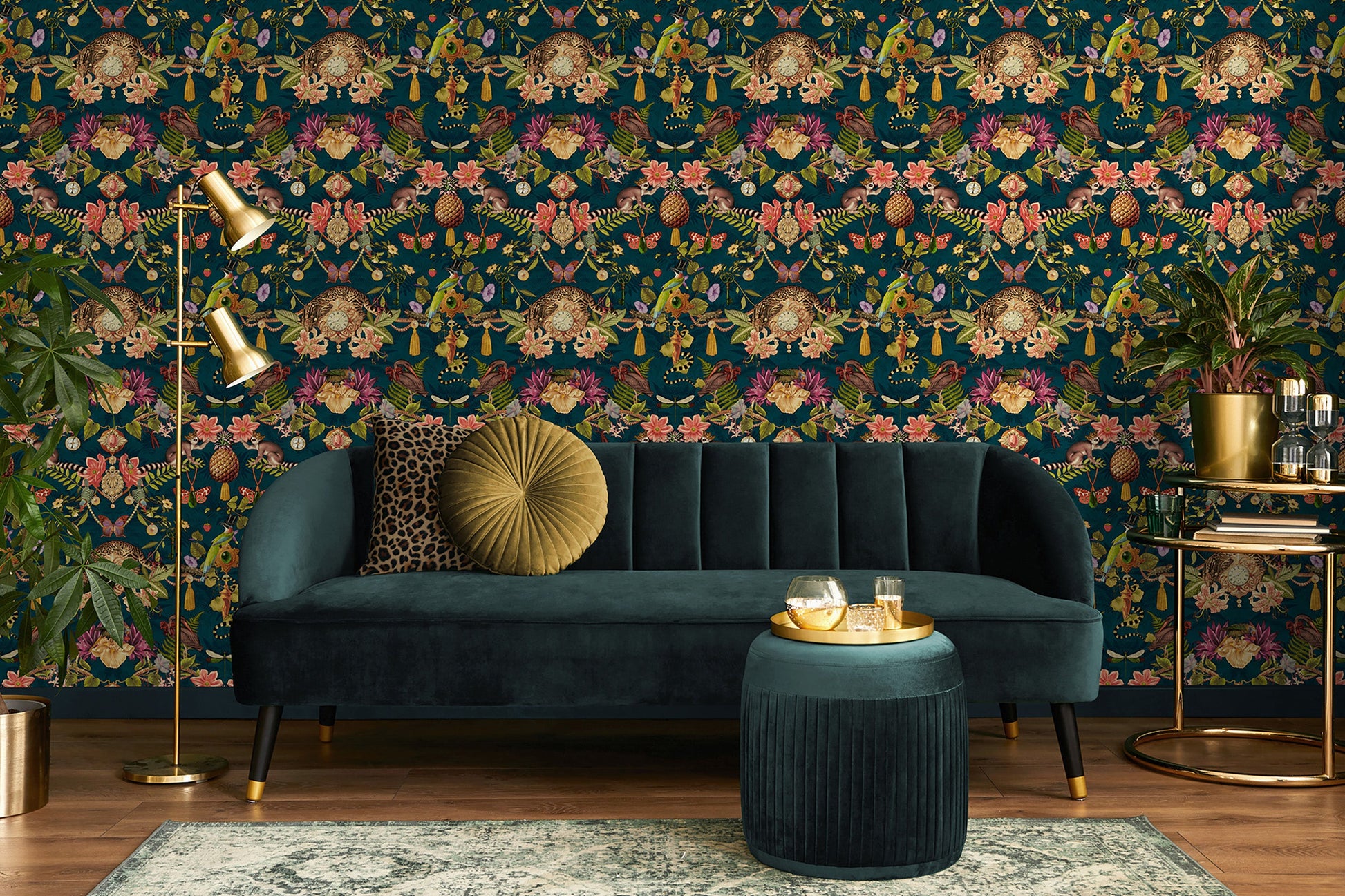 Bohème wallpaper in Dark Teal on a feature wall, showing the mirrored curiosity-cabinet pattern