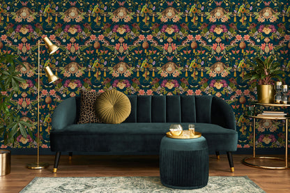 Bohème wallpaper in Dark Teal on a feature wall, showing the mirrored curiosity-cabinet pattern