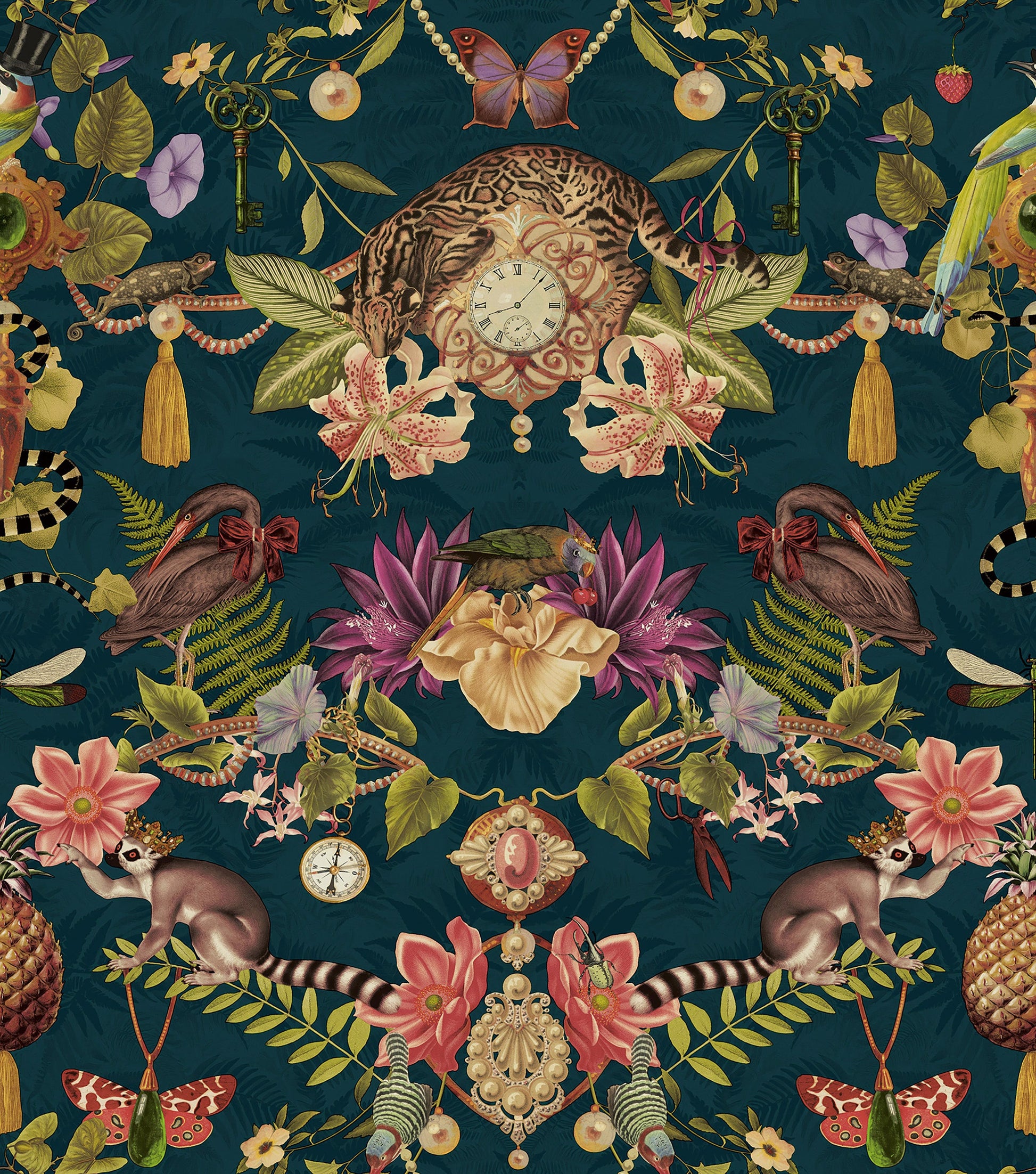 Dark Teal curiosities-cabinet wallpaper with a spotted wildcat, pocket watch, lemurs and parrots — flat pattern detail