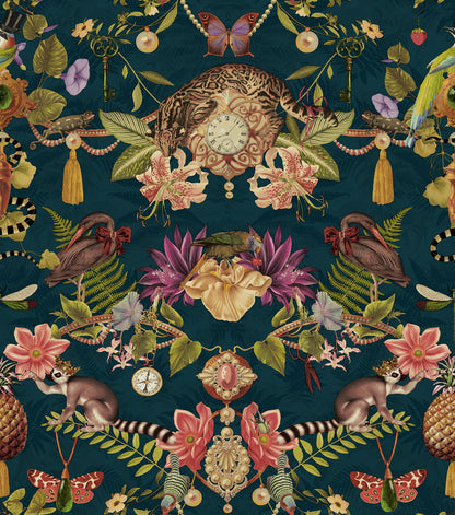 Dark Teal curiosities-cabinet wallpaper with a spotted wildcat, pocket watch, lemurs and parrots — flat pattern detail
