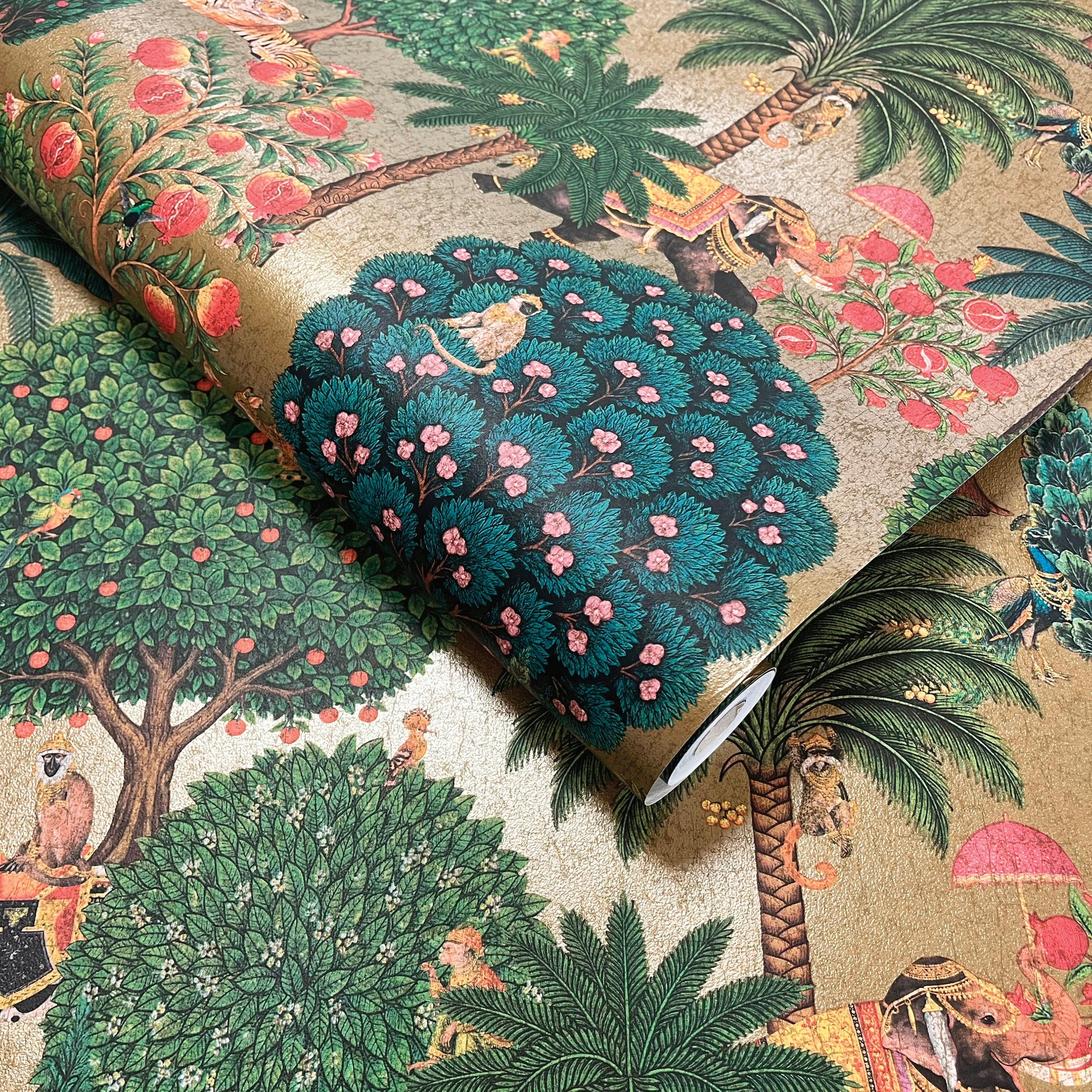 Bengal Antique Gold wallpaper roll showing the Bengal Forest repeat