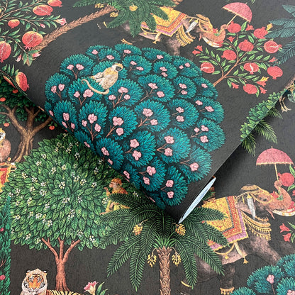 Bengal Charcoal wallpaper roll showing the Bengal Forest repeat