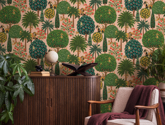 Bengal wallpaper in Blush on a feature wall, jewelled animal motifs among leaves