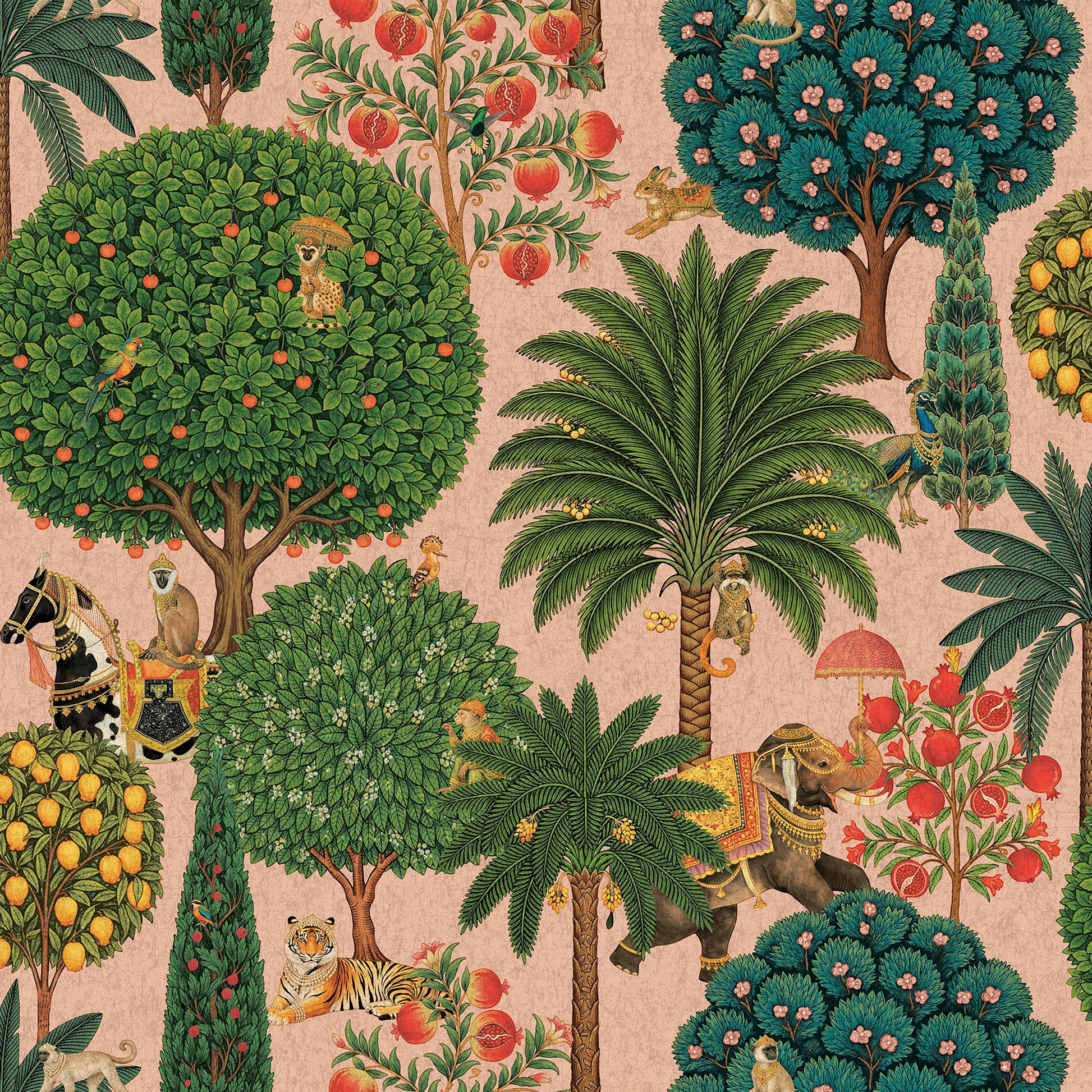 Blush Bengal Forest wallpaper with monkeys, elephants and tigers — flat pattern detail