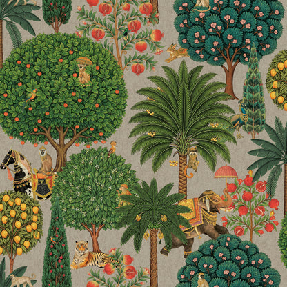 Pewter Bengal Forest wallpaper with monkeys, elephants and tigers — flat pattern detail