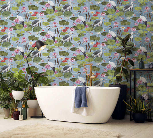 Hermine wallpaper in Sky Blue on a feature wall, koi pond scene with cranes and lily pads