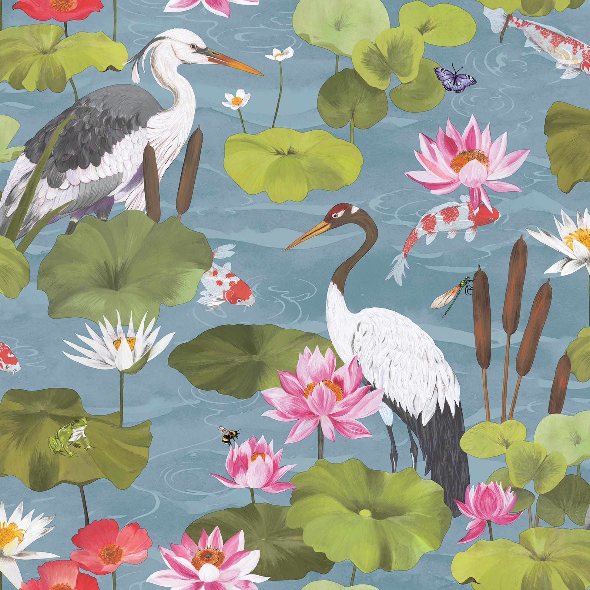 Sky blue Koi pond wallpaper with cranes and herons — flat pattern detail, Hermine by The Inside