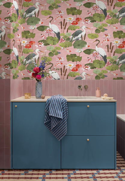 Hermine wallpaper in Blush on a feature wall, koi pond scene with cranes and lily pads