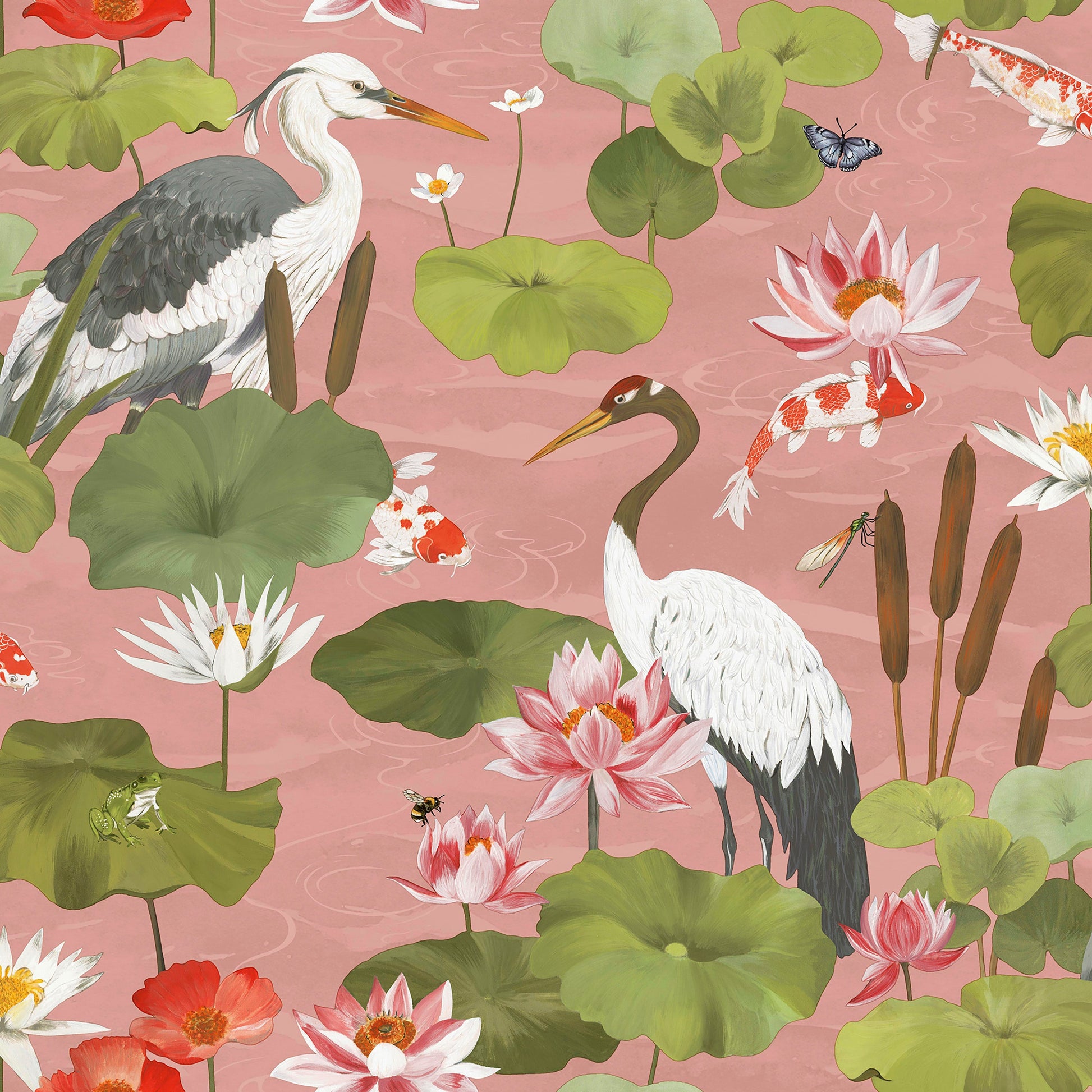 Blush Koi pond wallpaper with cranes and herons — flat pattern detail, Hermine by The Inside