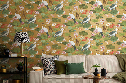 Hermine wallpaper in Gold on a feature wall, koi pond scene with cranes and lily pads