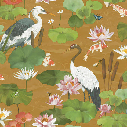 Gold Koi pond wallpaper with cranes and herons — flat pattern detail, Hermine by The Inside