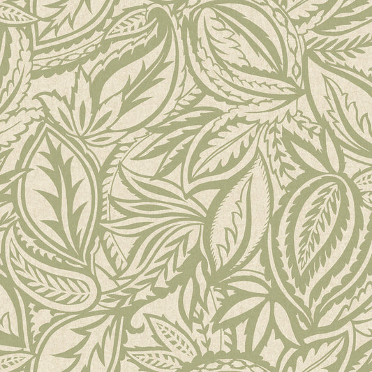 Sage abstract paisley-leaf wallpaper — flat pattern detail, Musa by The Inside