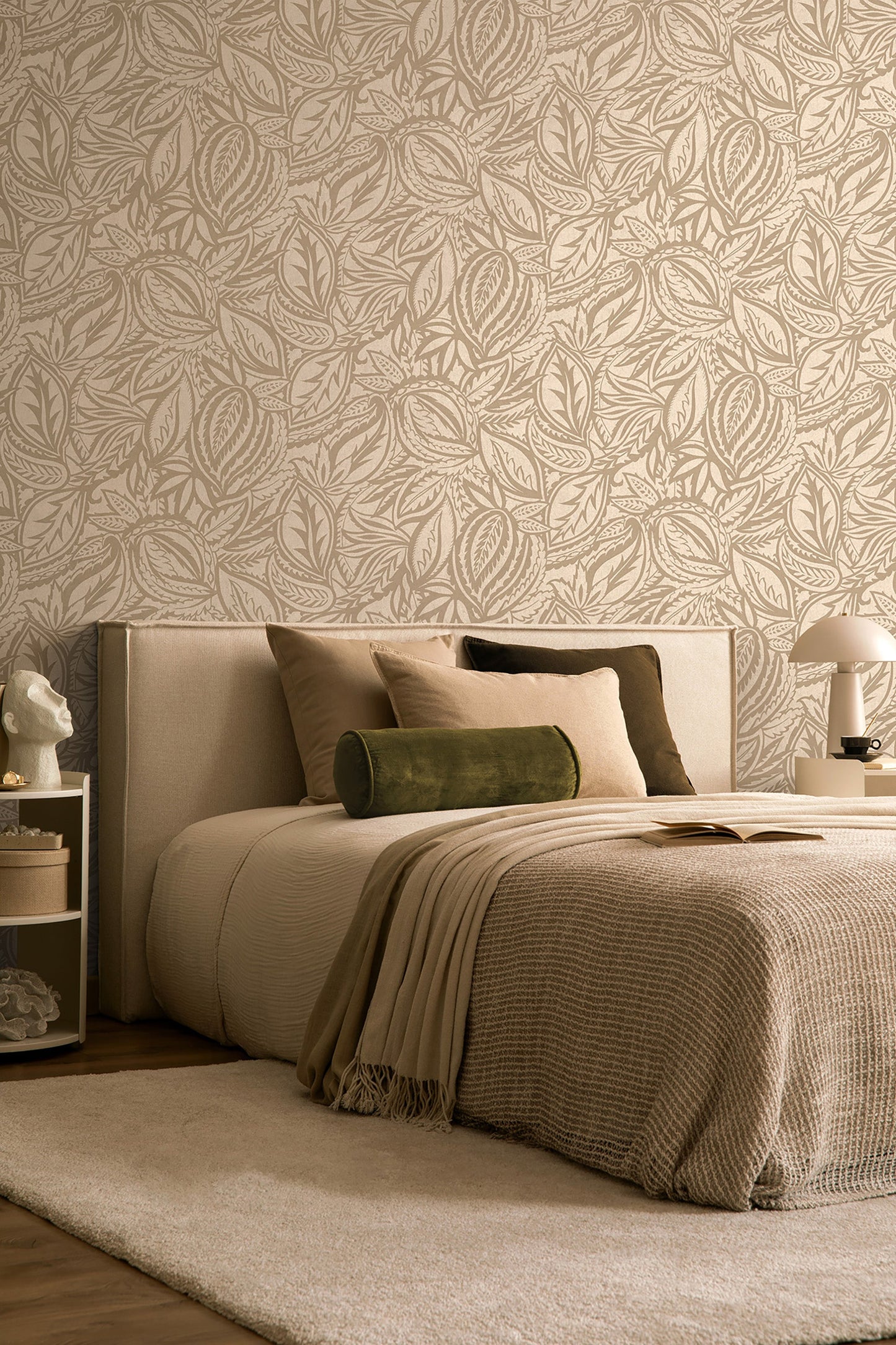 Musa wallpaper in Beige on a feature wall, flowing abstract leaf motif