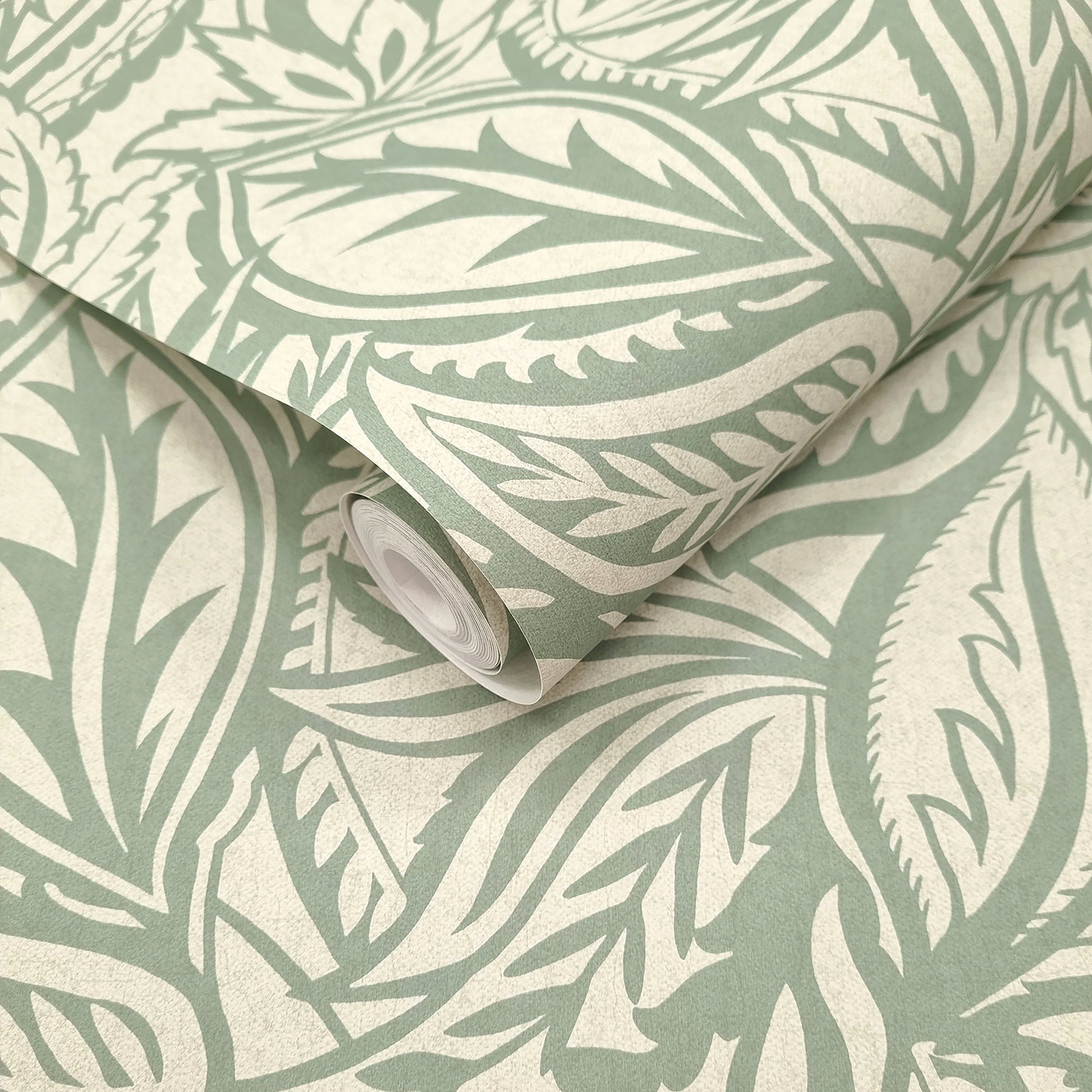 Musa Light Teal wallpaper roll showing the abstract leaf repeat