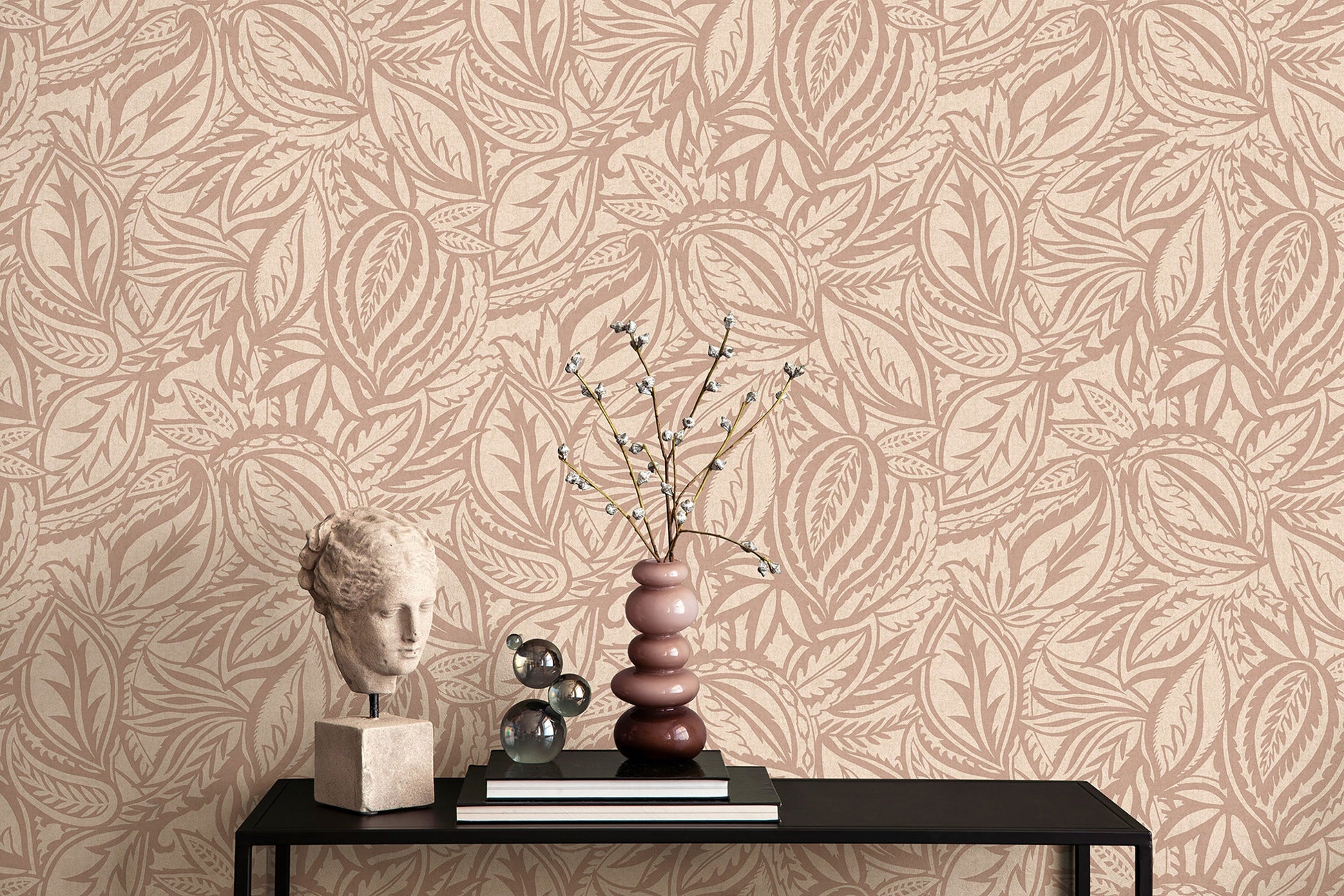 Musa wallpaper in Blush on a feature wall, flowing abstract leaf motif