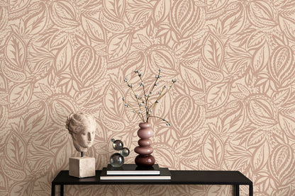 Musa wallpaper in Blush on a feature wall, flowing abstract leaf motif