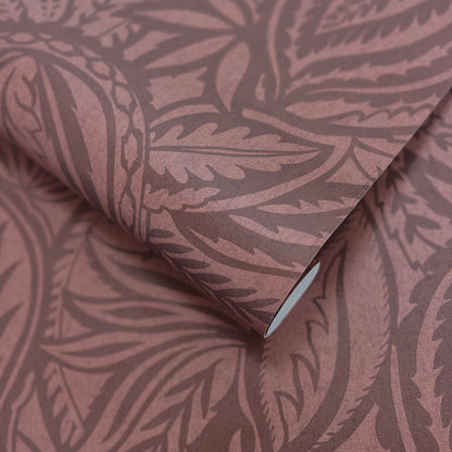 Musa Maroon wallpaper roll showing the abstract leaf repeat
