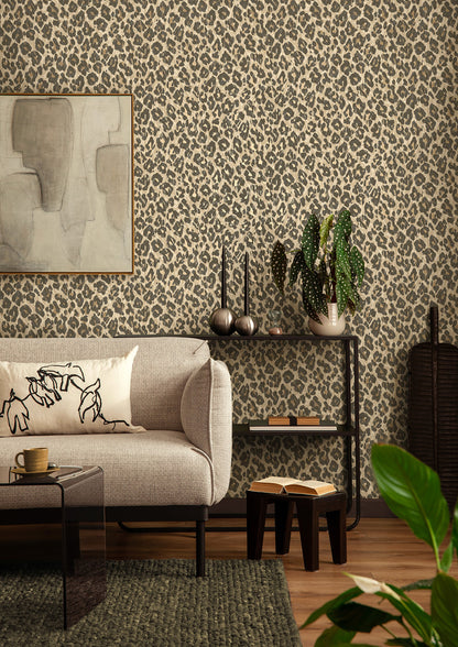 Rosette wallpaper in Natural on a feature wall, leopard-print rosette detail