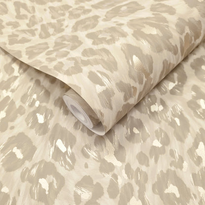 Rosette Champagne wallpaper roll showing the leopard-print repeat