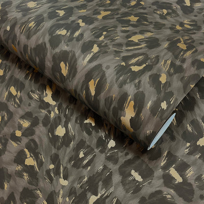 Rosette Charcoal wallpaper roll showing the leopard-print repeat
