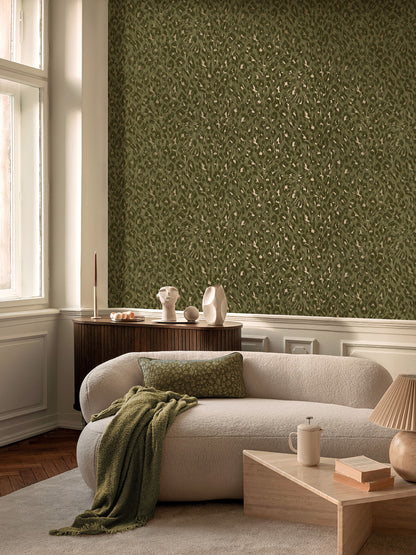 Rosette wallpaper in Khaki on a feature wall, leopard-print rosette detail