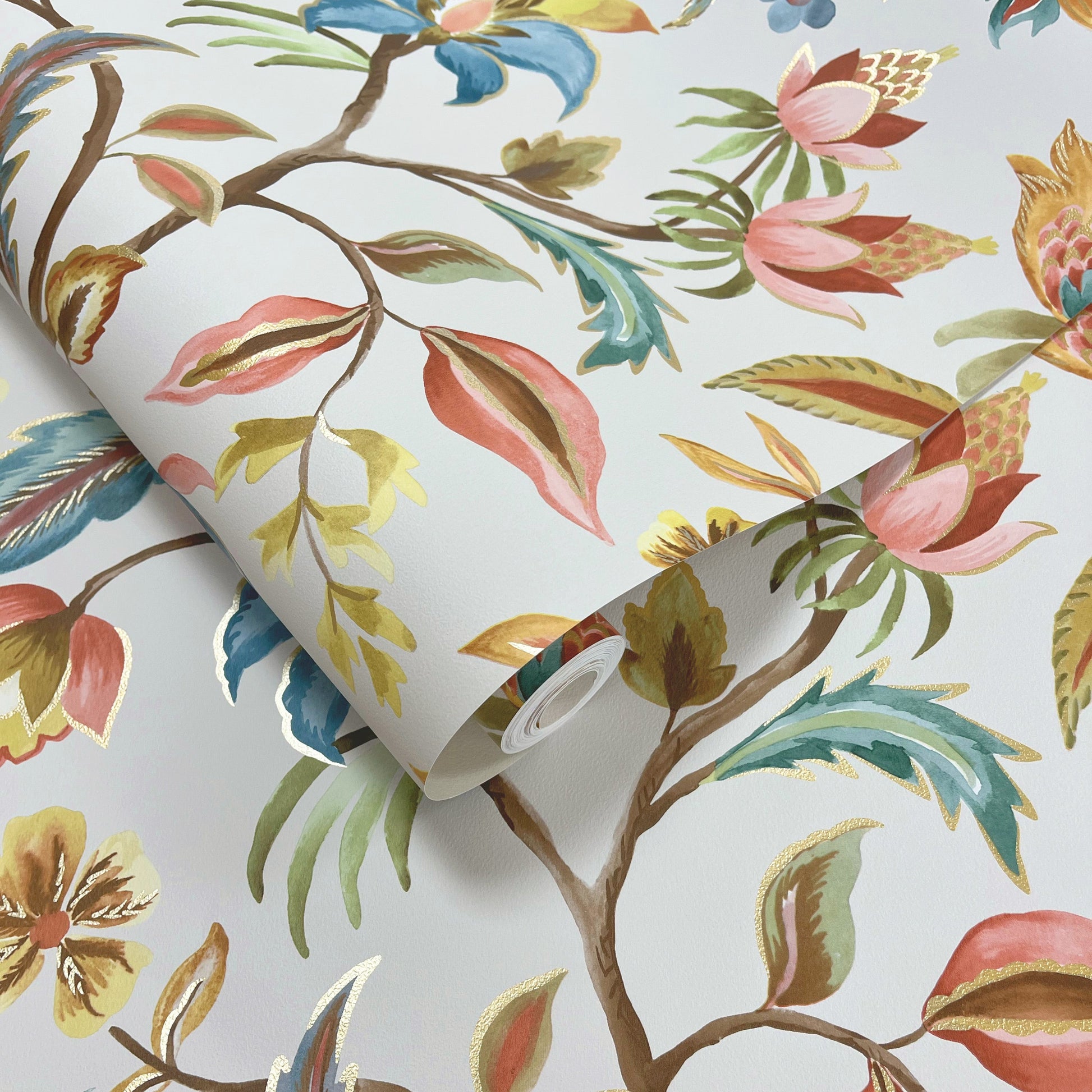 Amaranth Cream/Teal wallpaper roll showing the Jacobean-style repeat