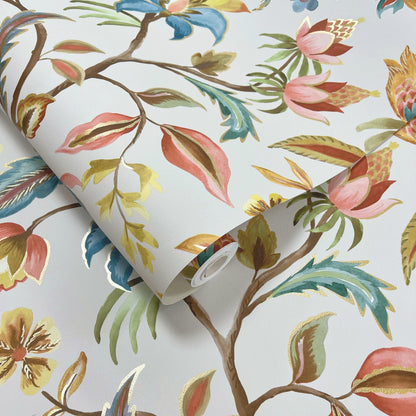 Amaranth Cream/Teal wallpaper roll showing the Jacobean-style repeat
