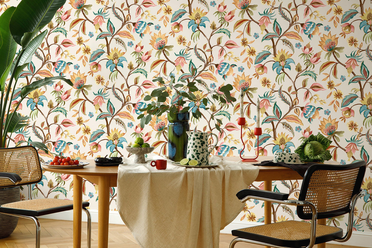 Amaranth – Jacobean Floral Wallpaper – Cream/Teal