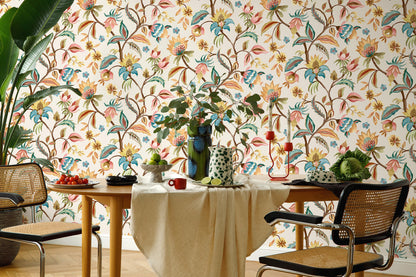 Amaranth wallpaper in Cream/Teal on a feature wall, flowing botanical branches and blooms