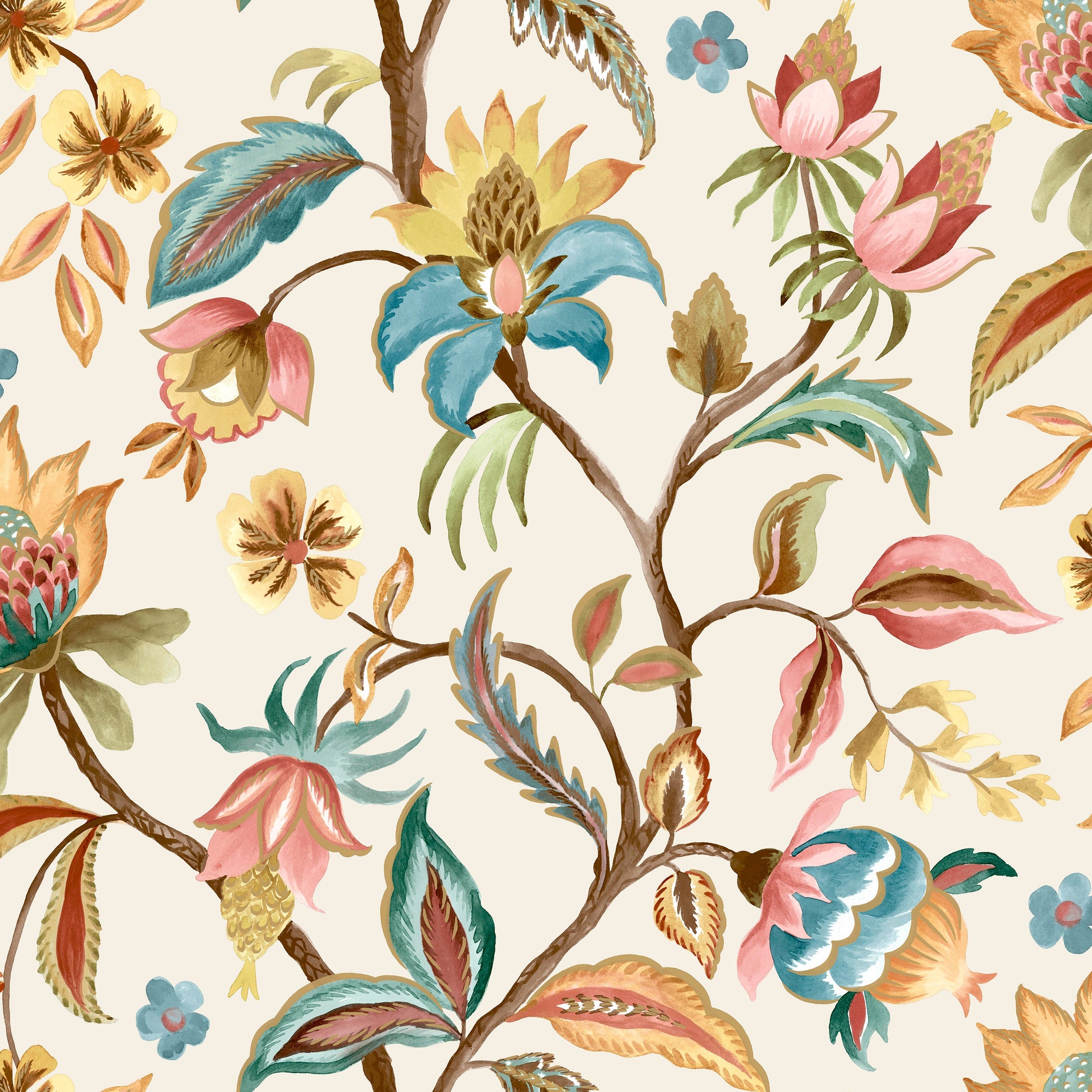 Cream and teal Jacobean watercolour wallpaper — flat pattern detail, Amaranth by The Inside