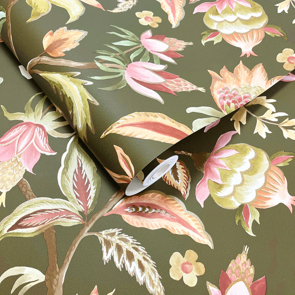 Sample – Amaranth – Jacobean Floral Wallpaper – Khaki