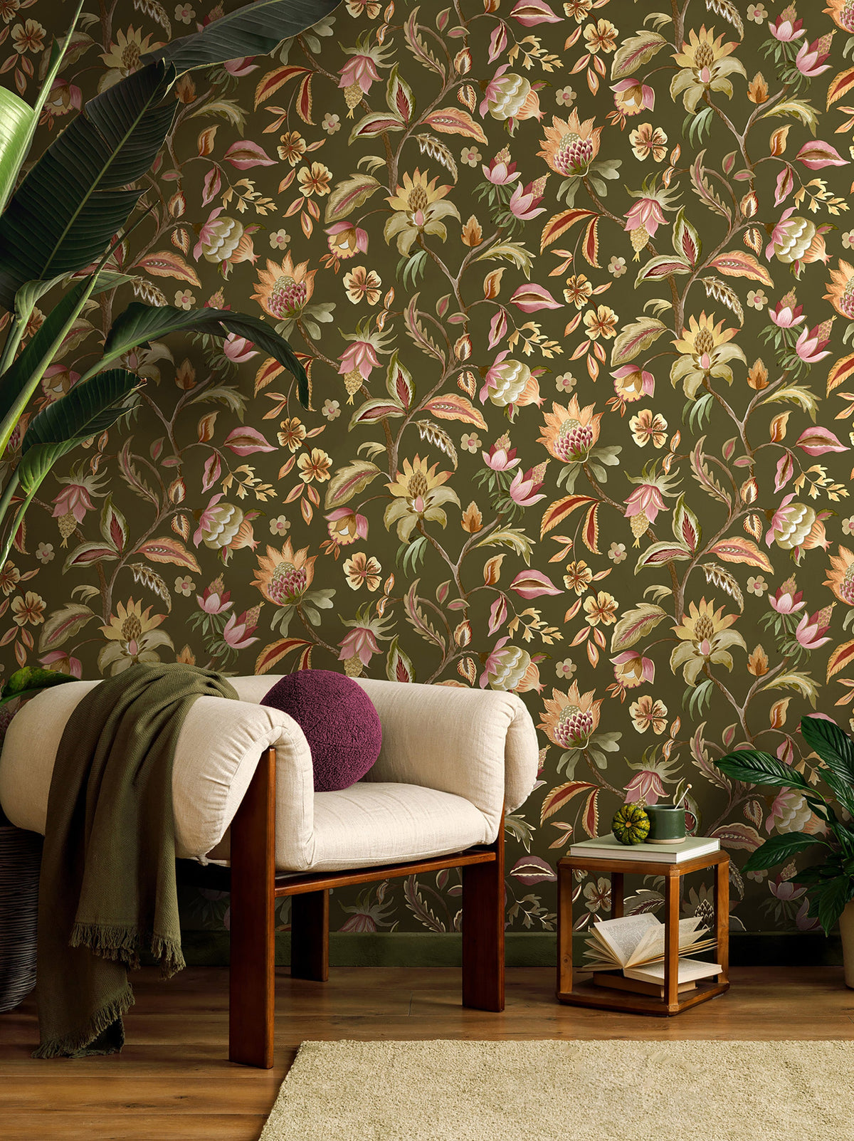 Amaranth – Jacobean Floral Wallpaper – Khaki