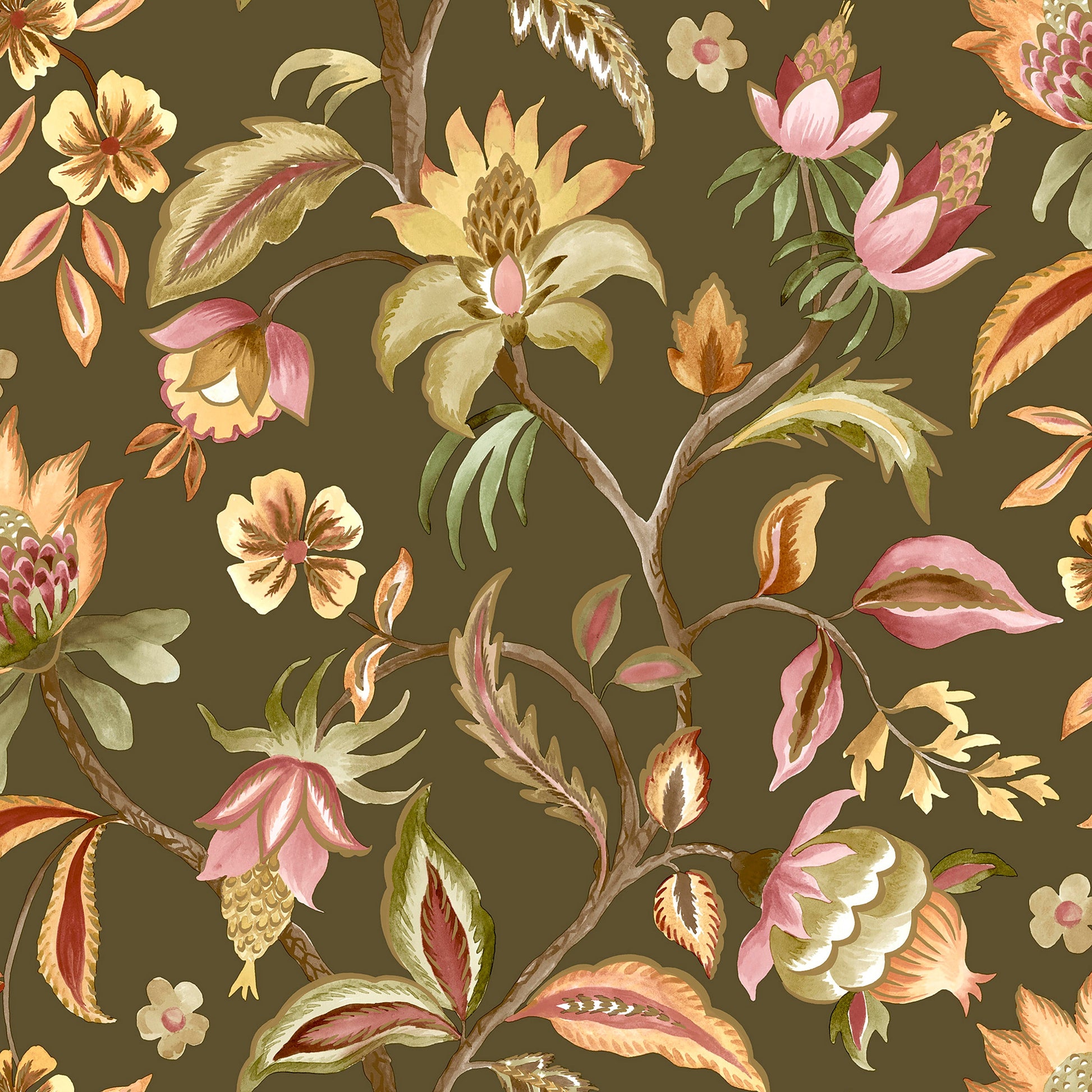 Khaki Jacobean watercolour wallpaper — flat pattern detail, Amaranth by The Inside