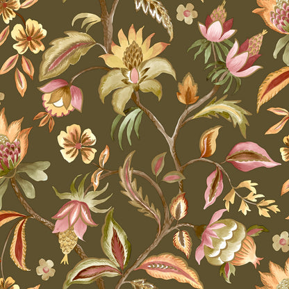 Khaki Jacobean watercolour wallpaper — flat pattern detail, Amaranth by The Inside