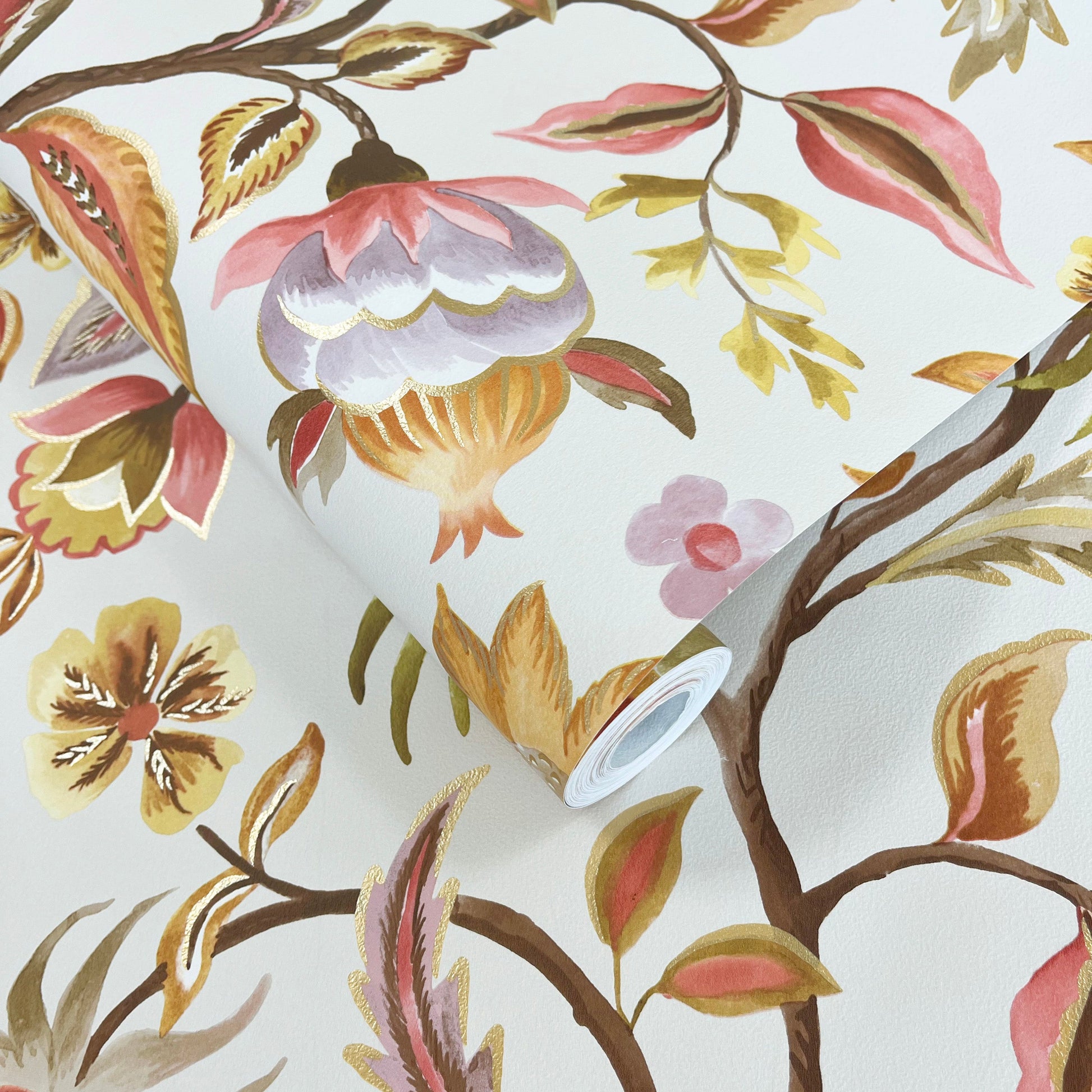 Amaranth Cream/Blush wallpaper roll showing the Jacobean-style repeat