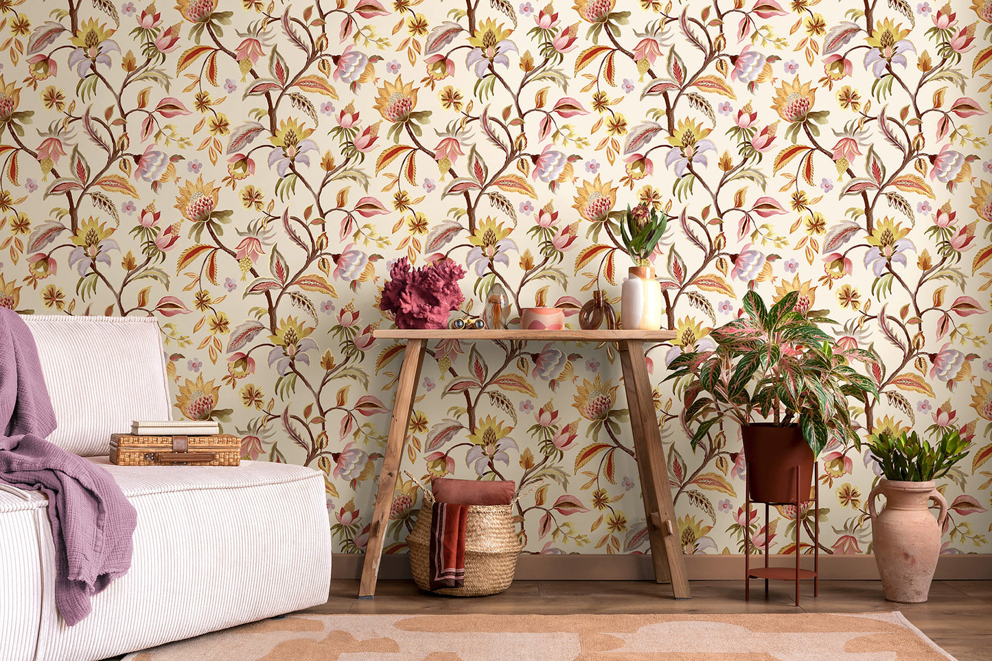 Amaranth wallpaper in Cream/Blush on a feature wall, flowing botanical branches and blooms