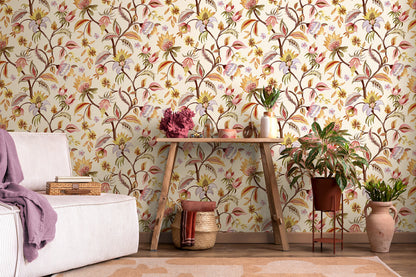 Amaranth wallpaper in Cream/Blush on a feature wall, flowing botanical branches and blooms