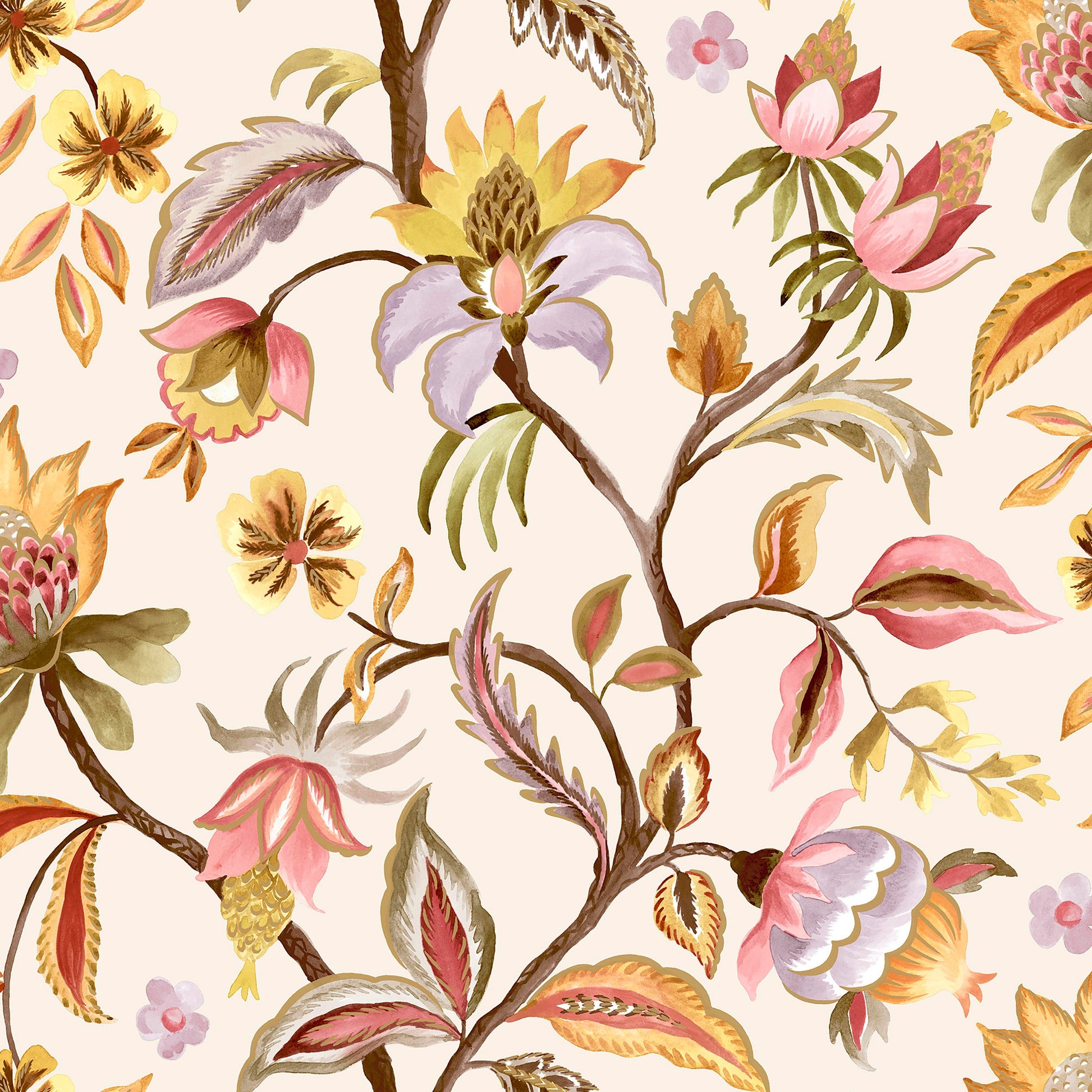Cream and blush Jacobean watercolour wallpaper — flat pattern detail, Amaranth by The Inside