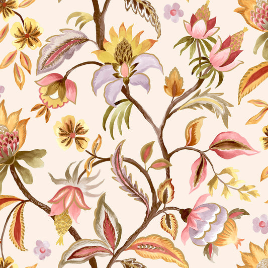 Cream and blush Jacobean watercolour wallpaper — flat pattern detail, Amaranth by The Inside