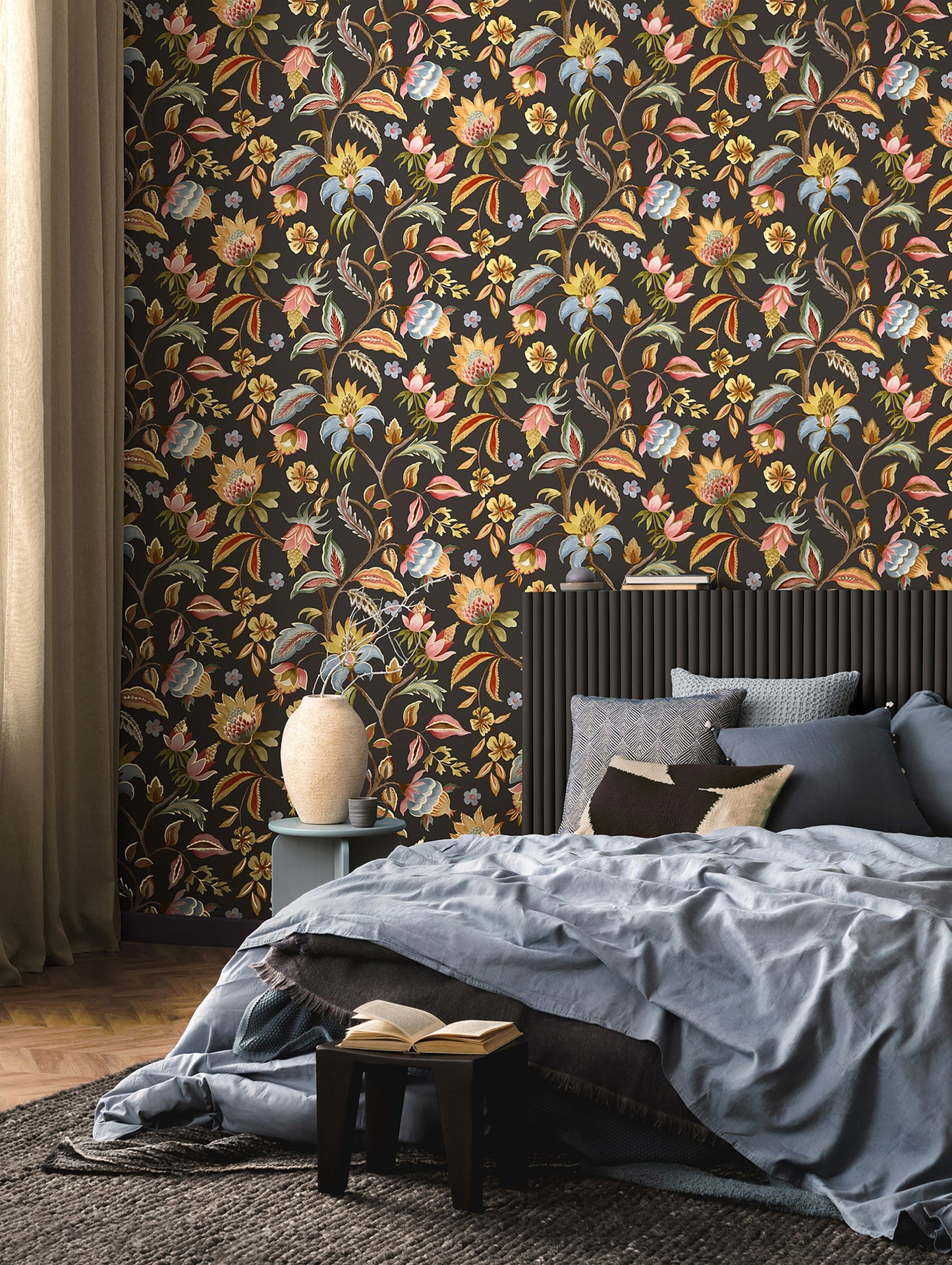 Amaranth wallpaper in Charcoal on a feature wall, flowing botanical branches and blooms