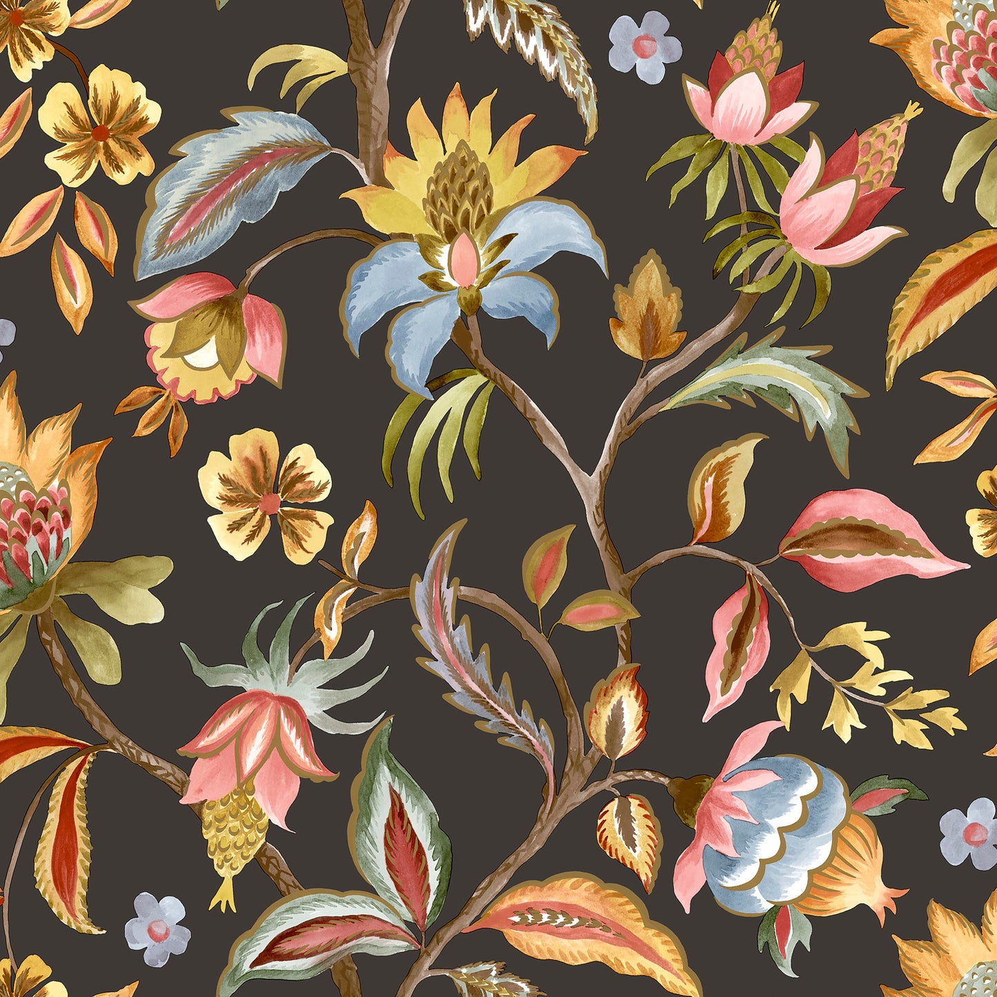 Charcoal Jacobean watercolour wallpaper — flat pattern detail, Amaranth by The Inside