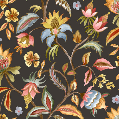 Charcoal Jacobean watercolour wallpaper — flat pattern detail, Amaranth by The Inside