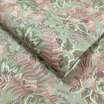 Rowan Sage/Blush wallpaper roll showing the hand-painted leaf repeat