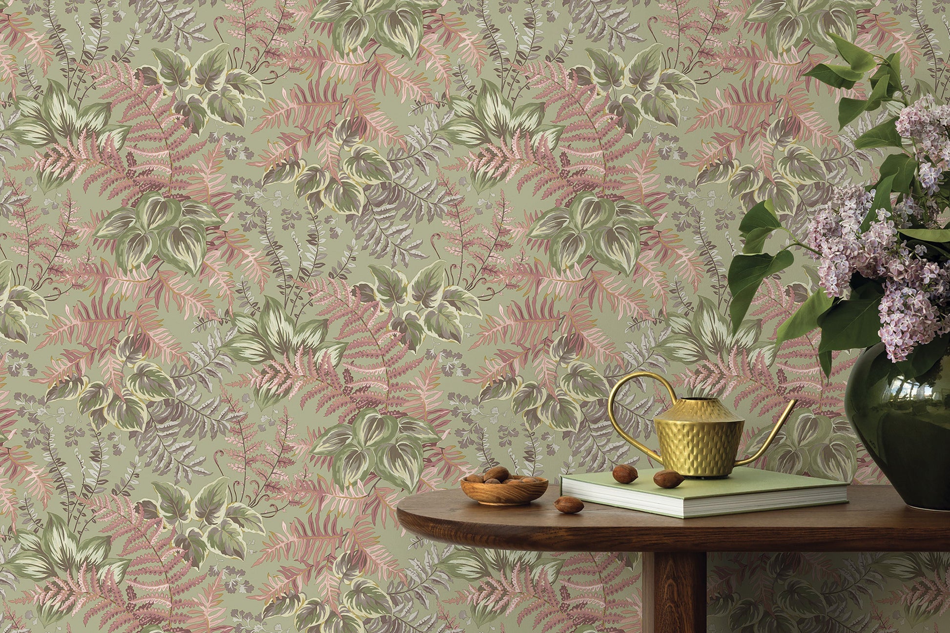 Rowan wallpaper in Sage/Blush on a feature wall, dense hand-painted foliage