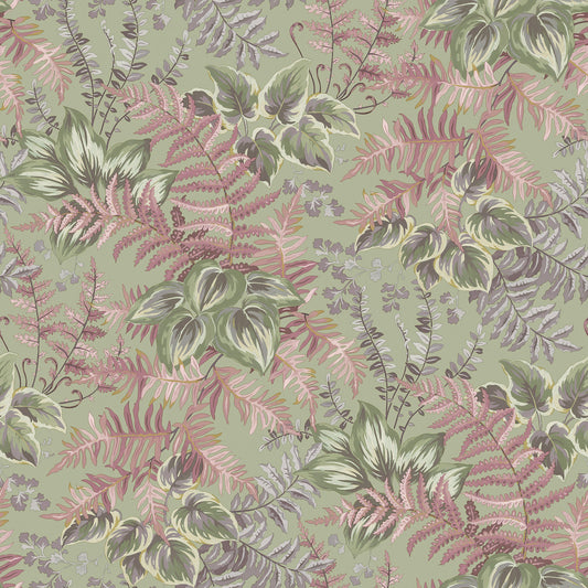 Sage and blush hand-painted leaf wallpaper — flat pattern detail, Rowan by The Inside