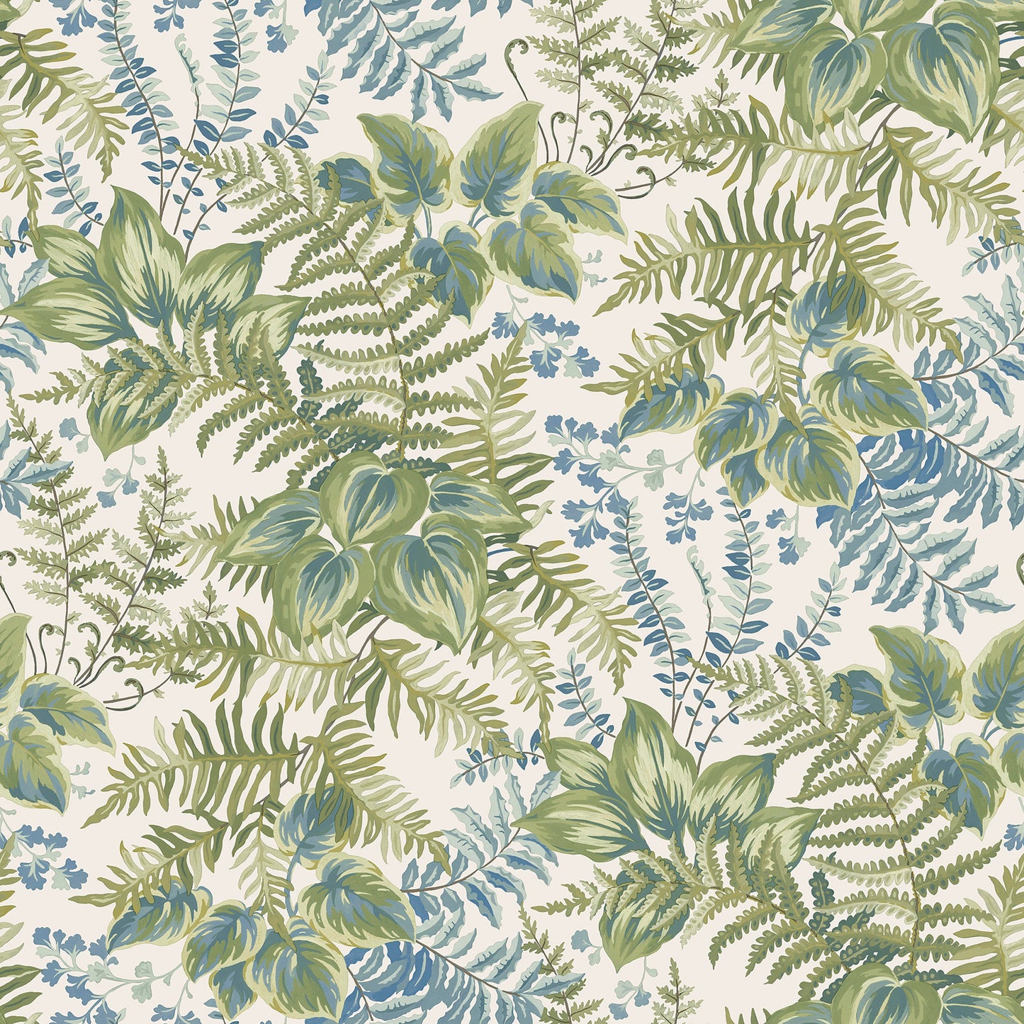 Cream and sky blue hand-painted leaf wallpaper — flat pattern detail, Rowan by The Inside