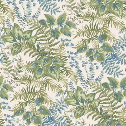 Cream and sky blue hand-painted leaf wallpaper — flat pattern detail, Rowan by The Inside