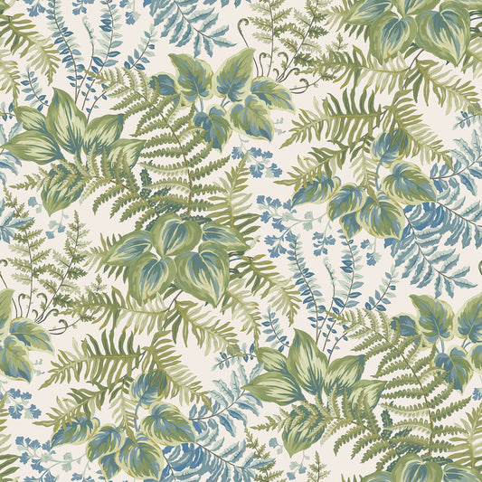 Cream and sky blue hand-painted leaf wallpaper — flat pattern detail, Rowan by The Inside