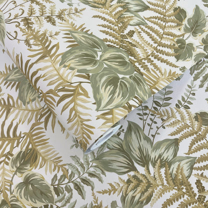 Rowan Cream/Ochre wallpaper roll showing the hand-painted leaf repeat